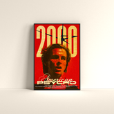 American Psycho poster 2000 by Dripster featuring a red and gold stylized portrait of a man with bold typography